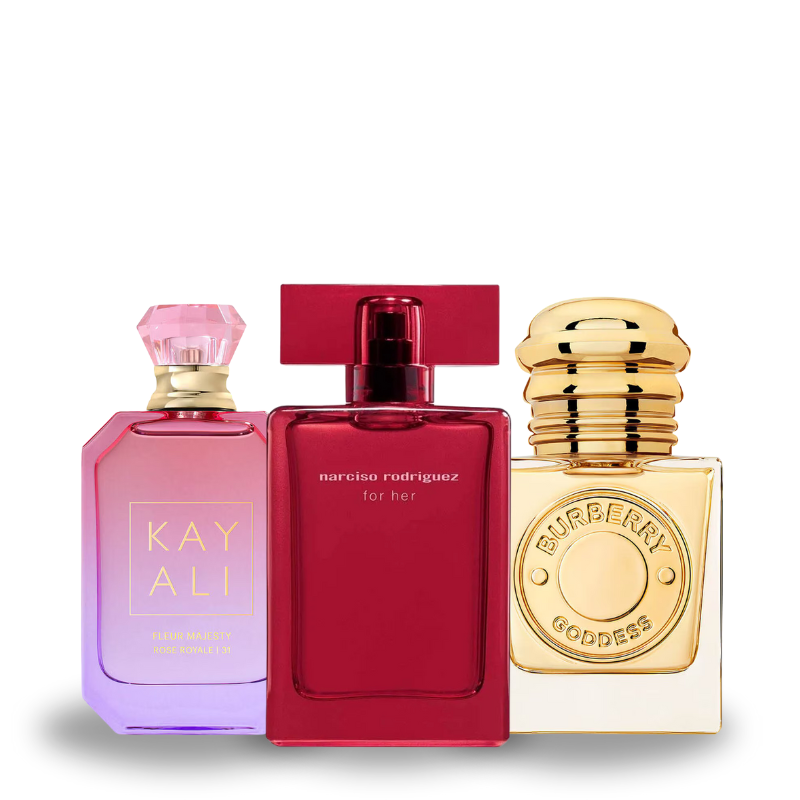Combo de 3 Perfumes KayAli Fleur Majesty Rosy Royale 31, Narciso Rodrigues For Her, Burberry Goddess 100ml